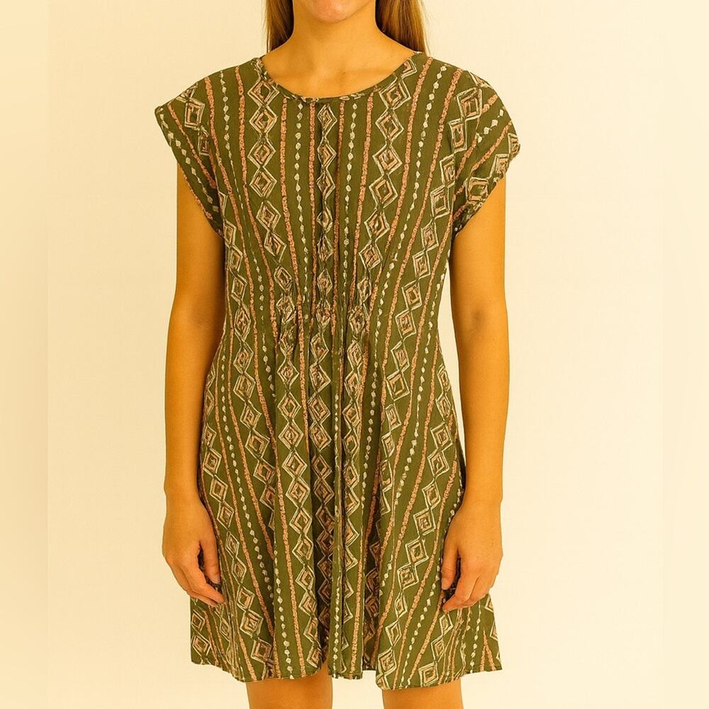 Mata Traders Green Geometric‎ Print Cotton Dress, Size 1X